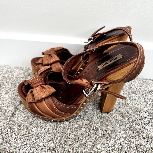 Miu Miu Bow Wood Heels Sandals Platform Shoes Studs 37 - Picture 2 of 14